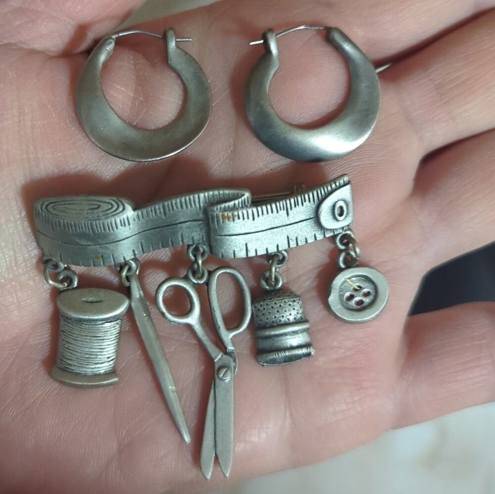 Vintage Sewing Motif Pin & Pewter Hoop Earrings Curated Maker Set